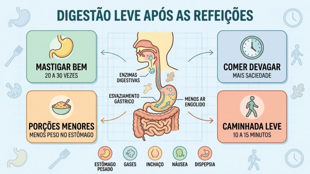 Mastigação, porções menores e caminhada leve favorecem digestão mais confortável.
