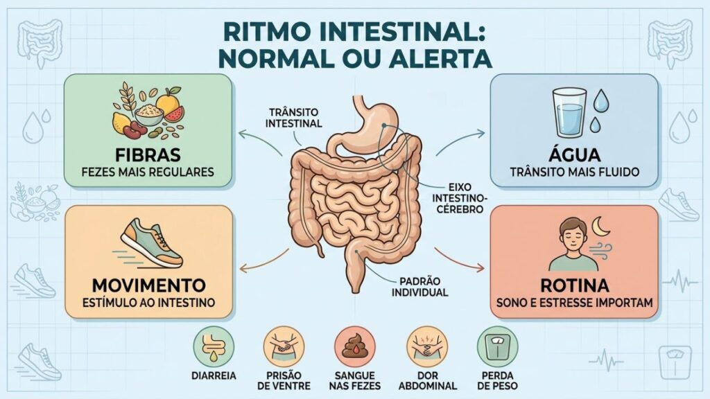 Fibras, água, movimento e rotina ajudam a equilibrar o intestino.