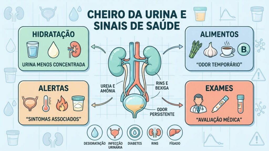 Hidratação, alimentos, sintomas e exames ajudam a interpretar o odor urinário.