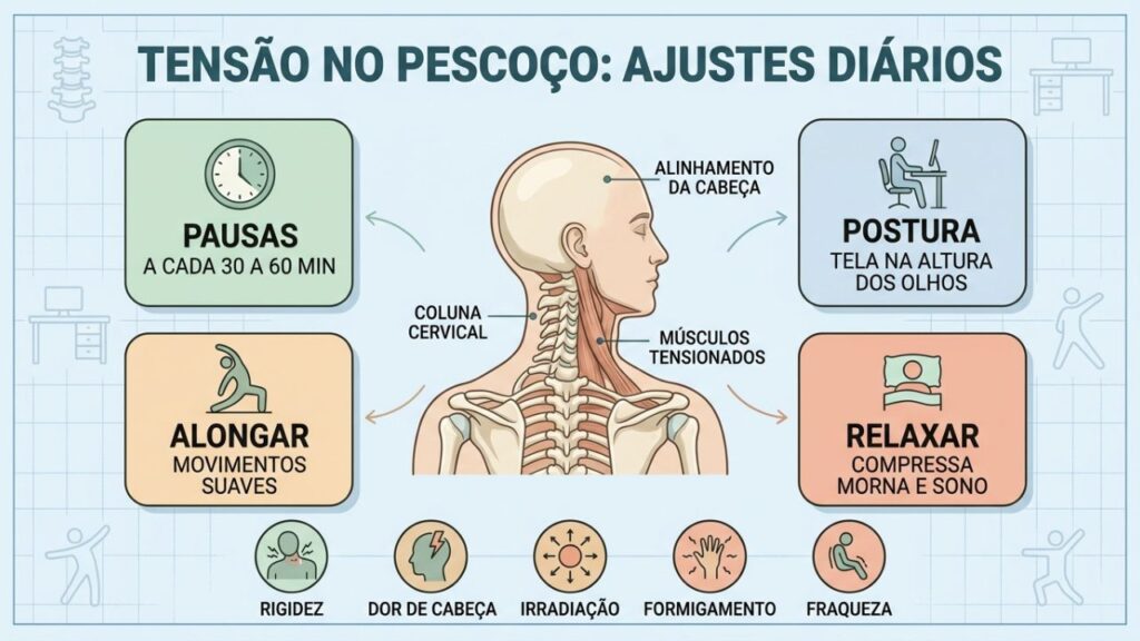 Postura, pausas, alongamento e relaxamento reduzem a sobrecarga cervical.
