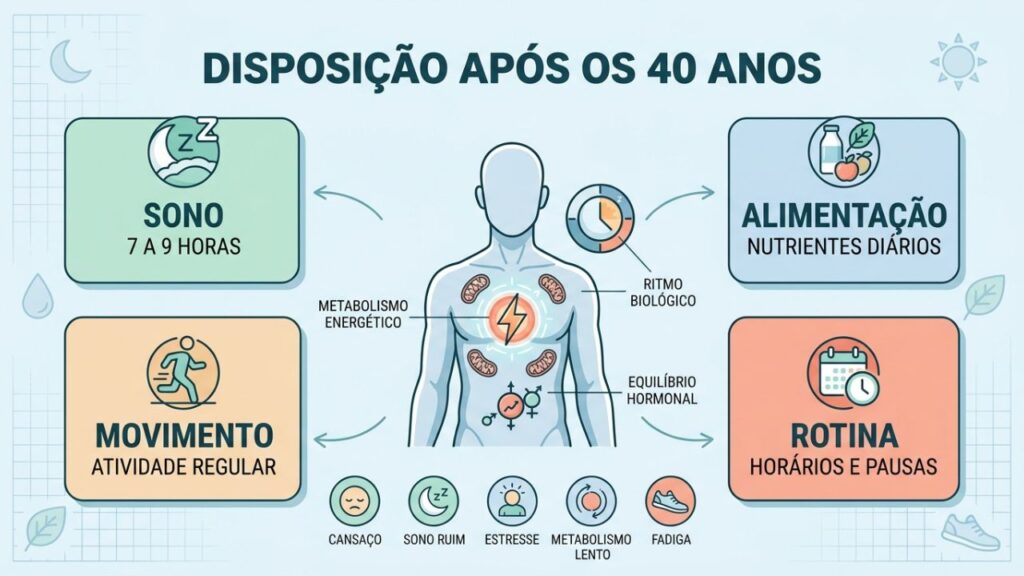 Quatro pilares para recuperar energia: sono, nutrição, movimento e rotina.