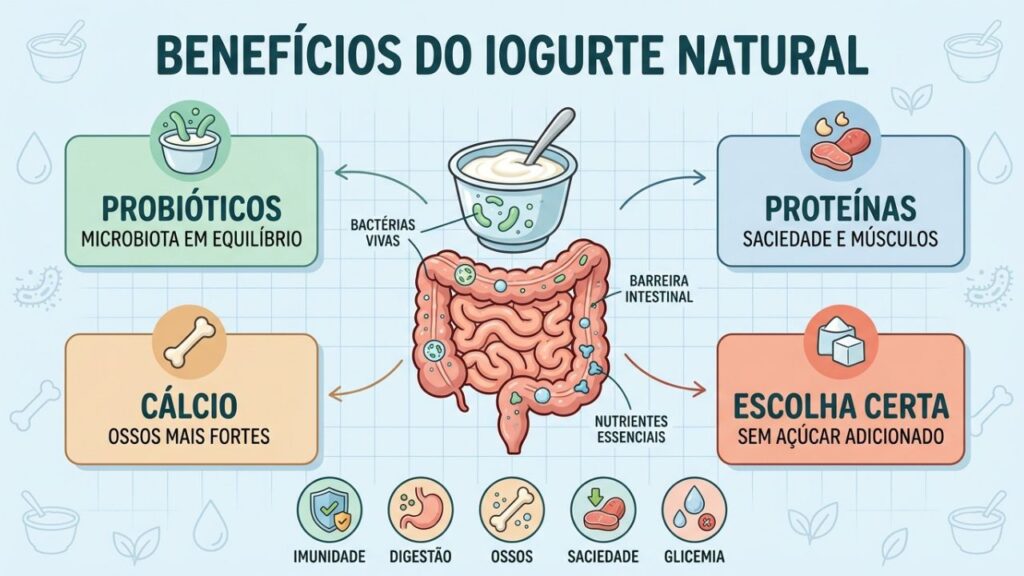 Probióticos, proteínas e cálcio explicam os principais benefícios do iogurte natural.