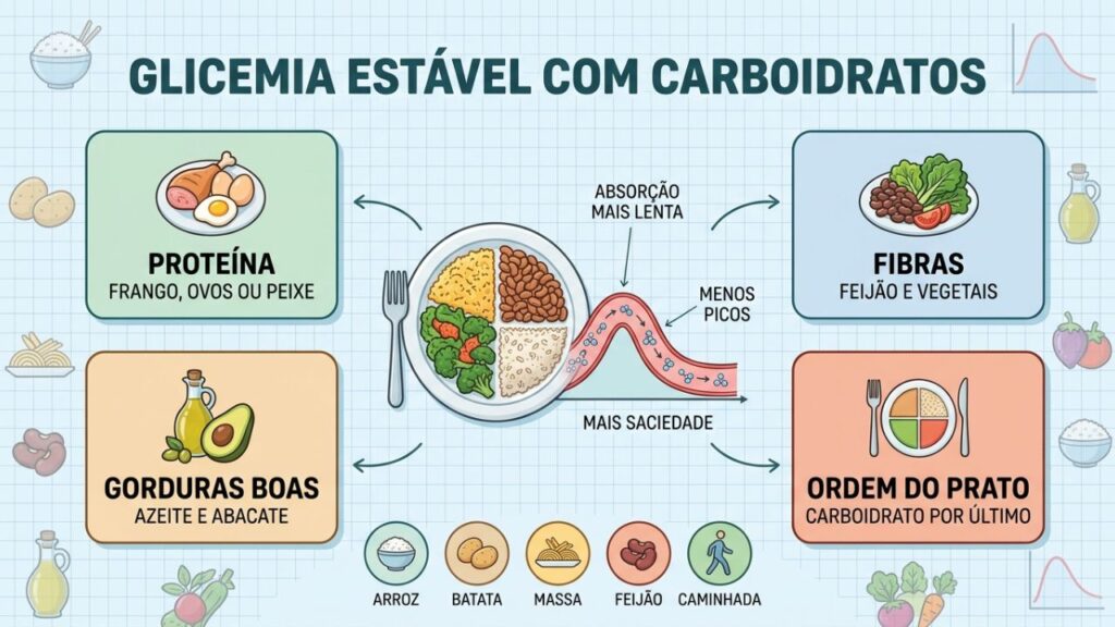 Proteínas, fibras e gorduras boas ajudam a reduzir picos glicêmicos.