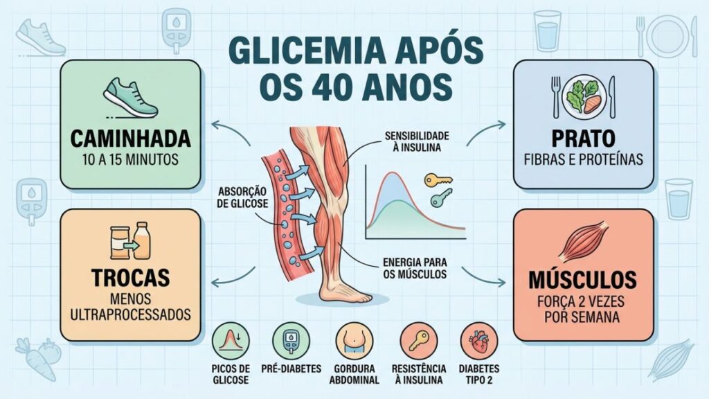 Caminhada, fibras, menos ultraprocessados e força estabilizam a glicemia.