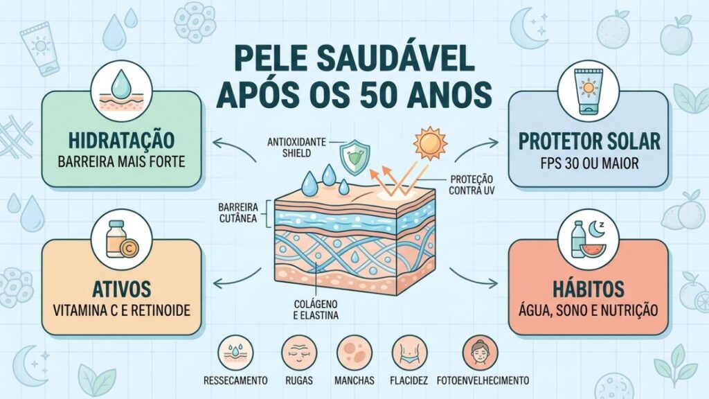 Quatro cuidados diários fortalecem a pele após os 50 anos.