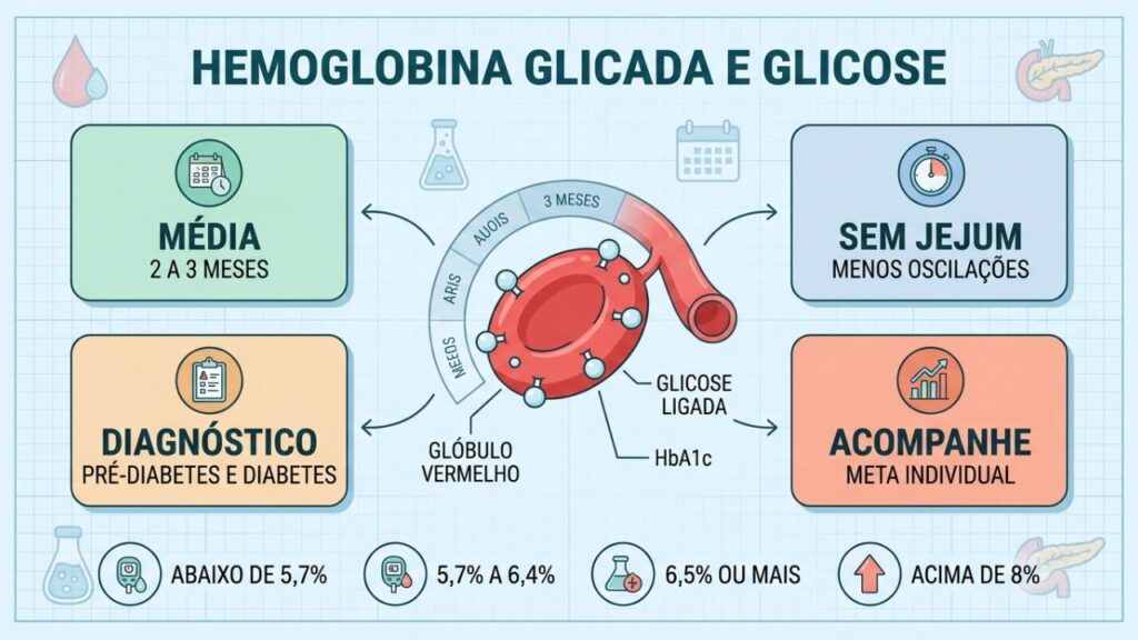 Exame resume a glicose recente e orienta diagnóstico e acompanhamento.