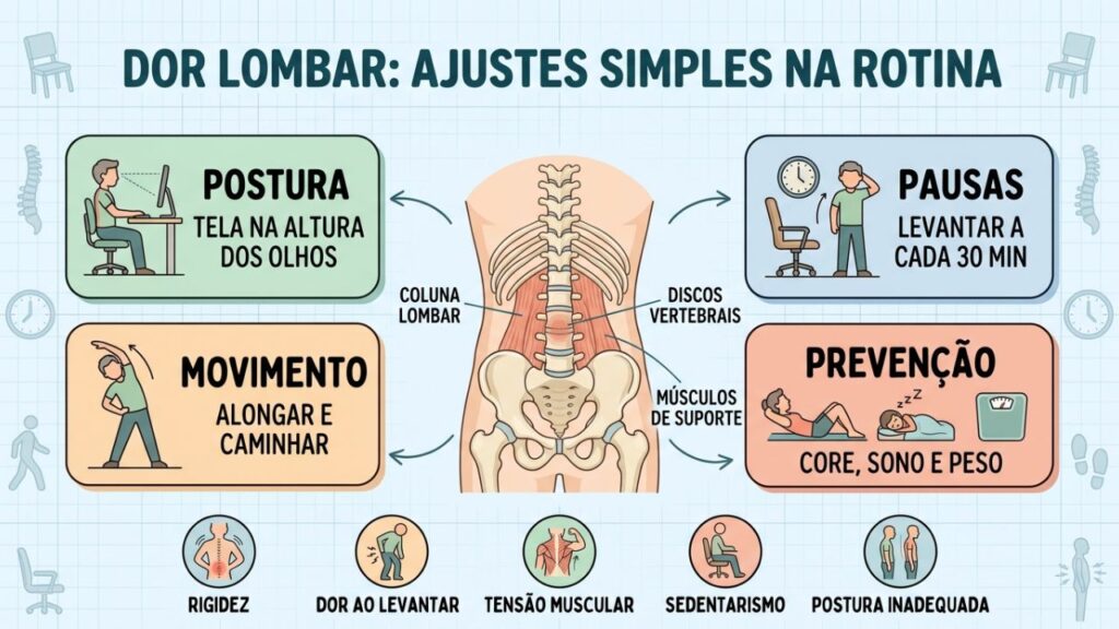 Postura, pausas, movimento e prevenção reduzem a sobrecarga lombar.