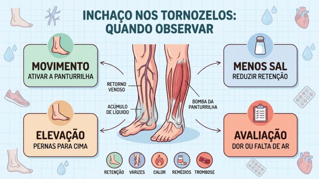 Movimento, menos sal, elevação e avaliação ajudam a orientar o cuidado.
