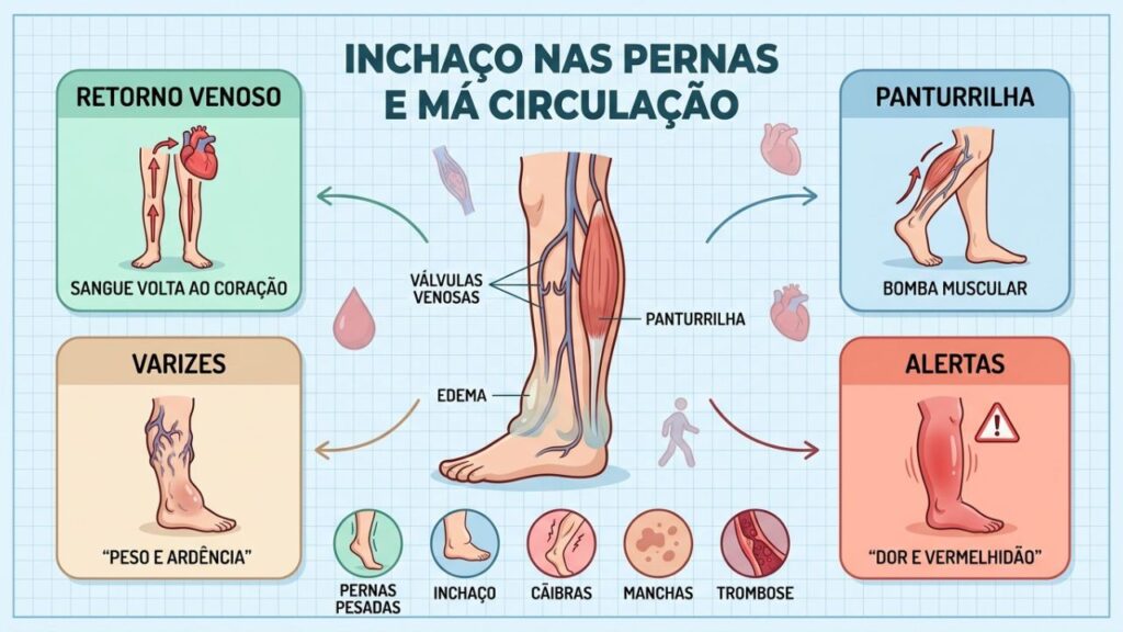 Retorno venoso, panturrilha, varizes e alertas explicam o inchaço.