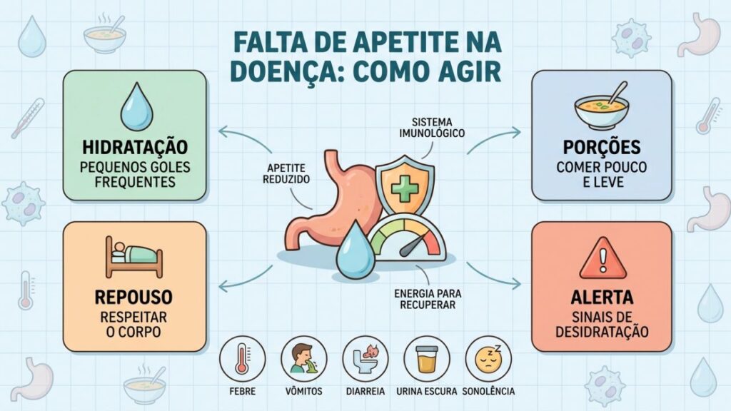 Hidratação, porções leves, repouso e alerta evitam riscos durante infecções.