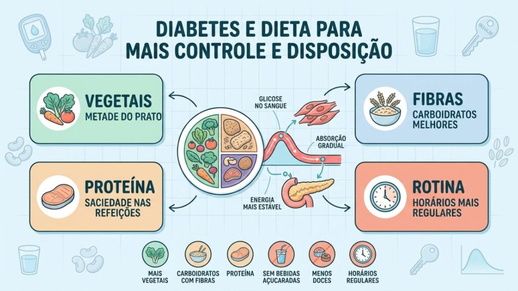 Seis escolhas alimentares reduzem picos de açúcar no diabetes.