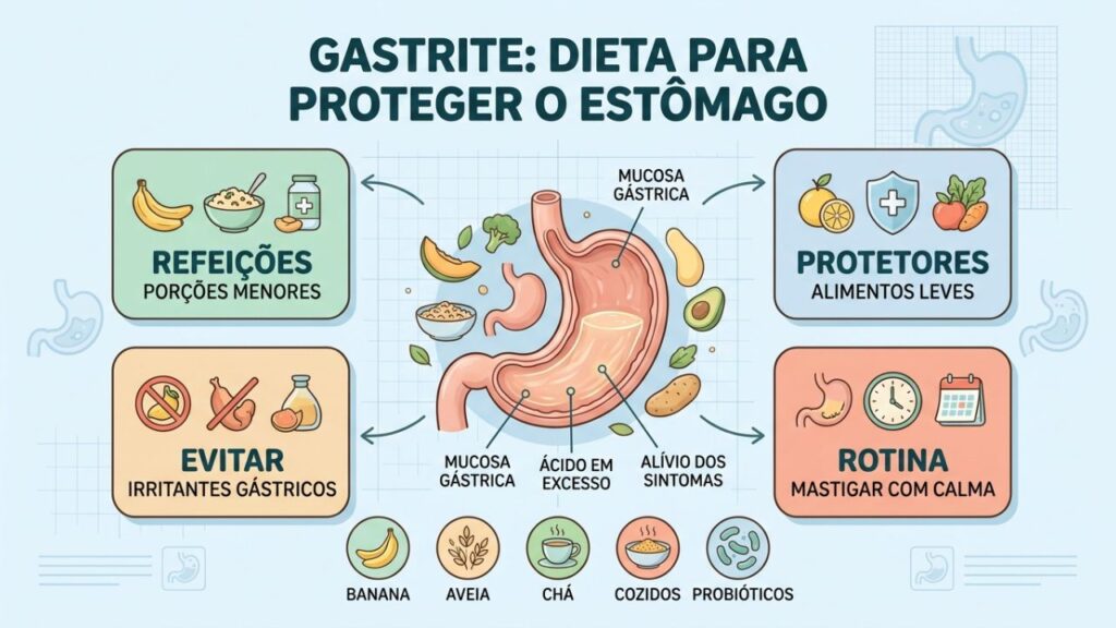 Pilares da dieta para gastrite: fracionar, proteger, evitar irritantes e desacelerar.