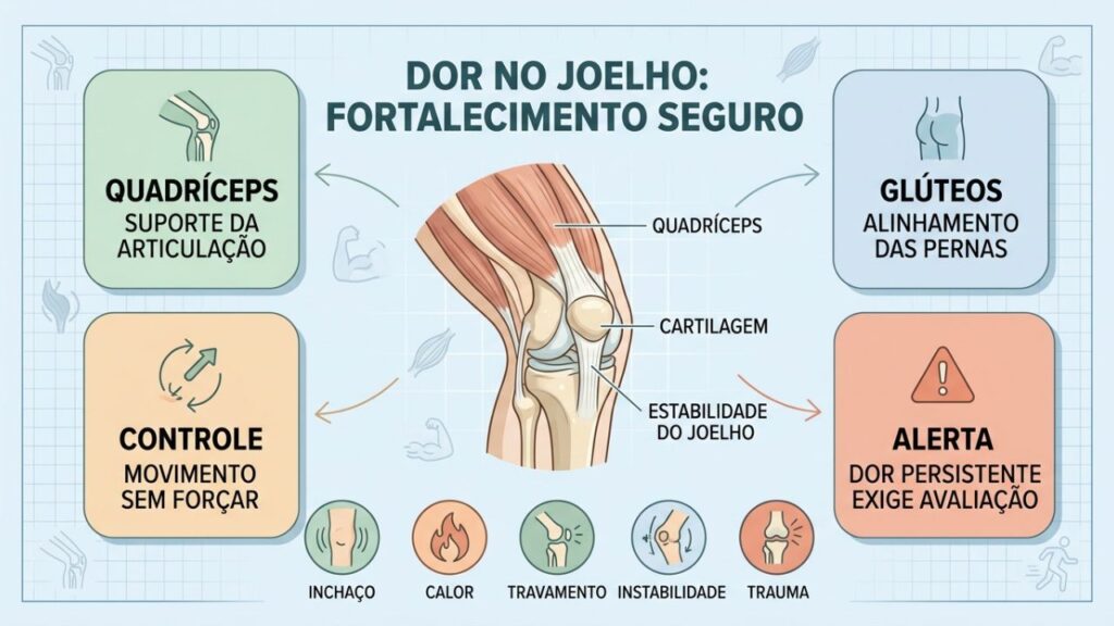 Quadríceps, glúteos, controle e sinais de alerta orientam o cuidado.