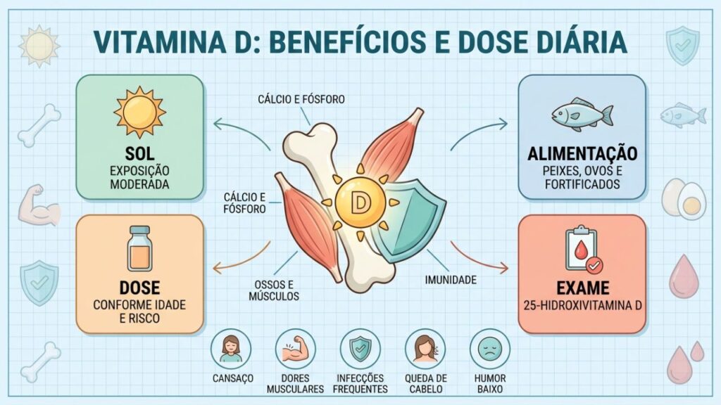 Quatro pilares mostram fontes, dose diária, benefícios e sinais de deficiência.