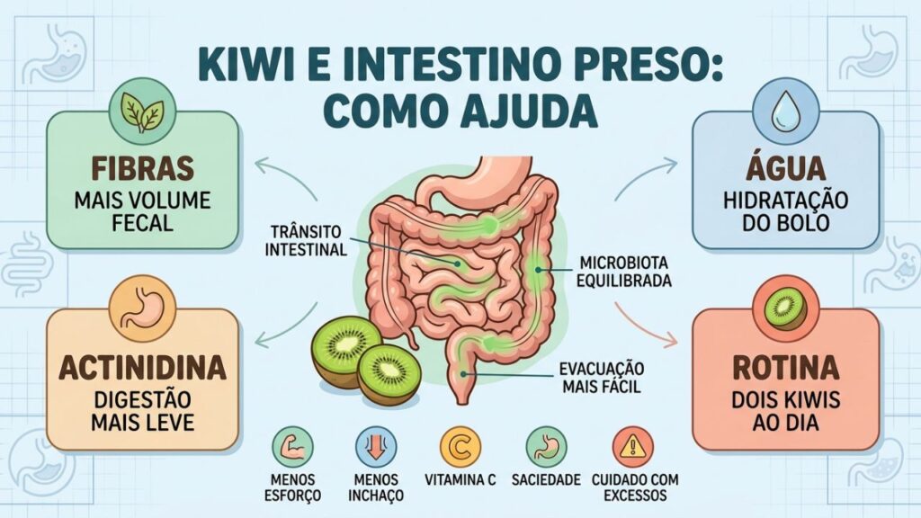 Fibras, hidratação, actinidina e rotina explicam o efeito intestinal do kiwi.