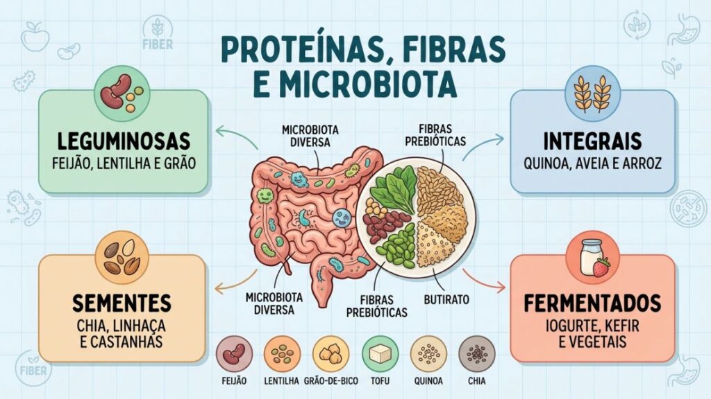 Leguminosas, integrais, sementes e fermentados fortalecem a diversidade intestinal.