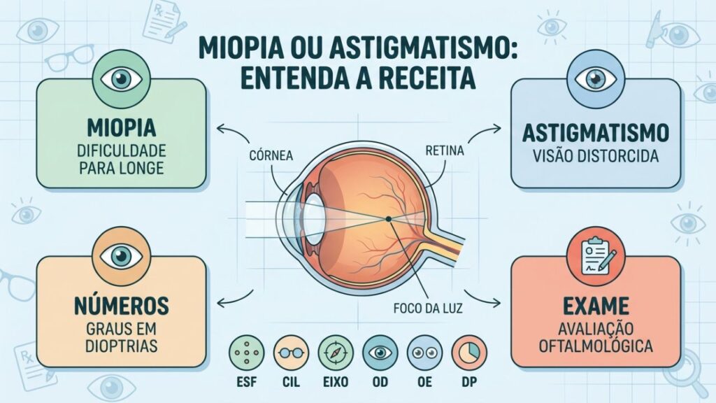 Miopia, astigmatismo e números da receita explicados de forma visual.