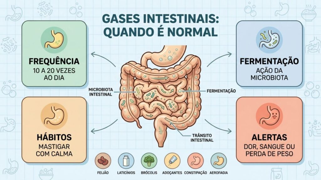 Frequência, fermentação, hábitos e sinais de alerta orientam a avaliação.