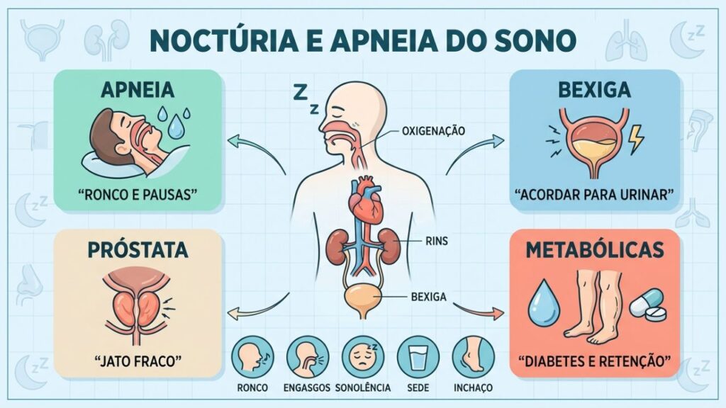 Ronco, bexiga, próstata e metabolismo ajudam a investigar a noctúria.