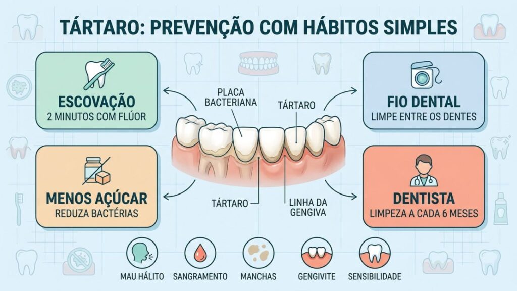 Escovação, fio dental, menos açúcar e dentista previnem placa endurecida.