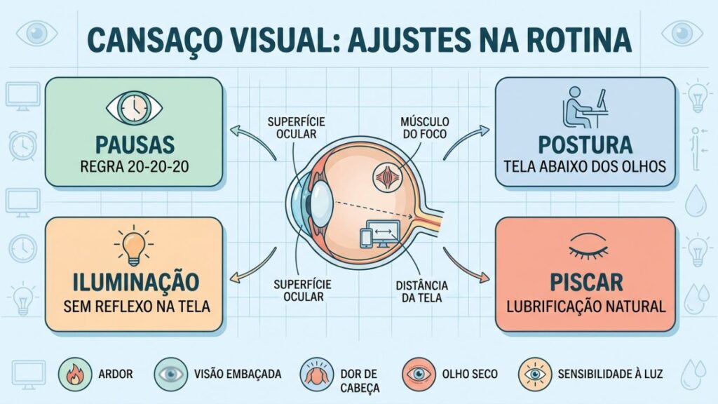 Pausas, postura, iluminação e piscar consciente aliviam a fadiga ocular.