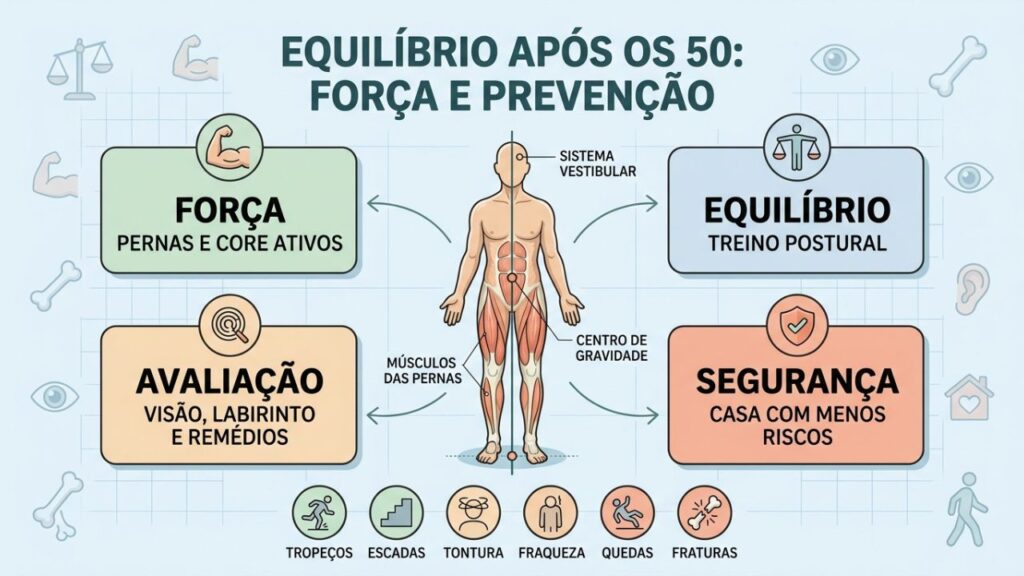 Força, equilíbrio, avaliação e segurança reduzem quedas e preservam autonomia.