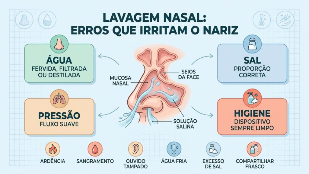 Água correta, sal adequado e pressão suave protegem o nariz.