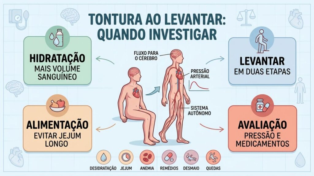 Hidratação, levantar devagar e avaliação reduzem episódios de tontura postural.
