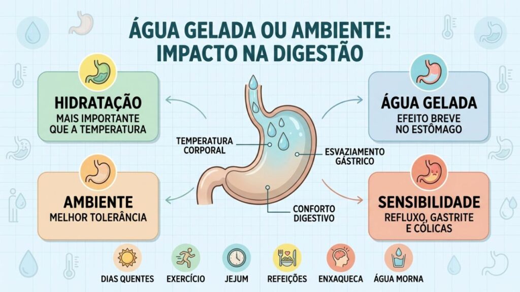 Água gelada, ambiente ou morna podem variar conforme sensibilidade digestiva.
