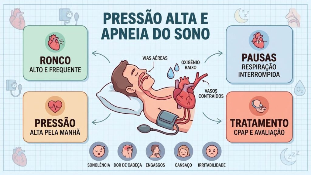Ronco, pausas respiratórias e pressão matinal ajudam a suspeitar de apneia.