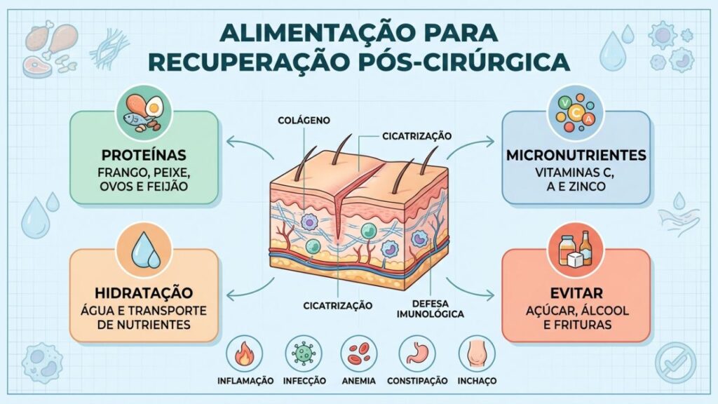 Quatro pilares alimentares apoiam cicatrização, imunidade e energia no pós-operatório.