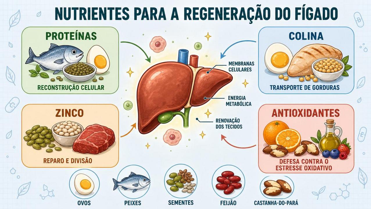 Proteínas, colina, zinco e antioxidantes formam os pilares da recuperação hepática.