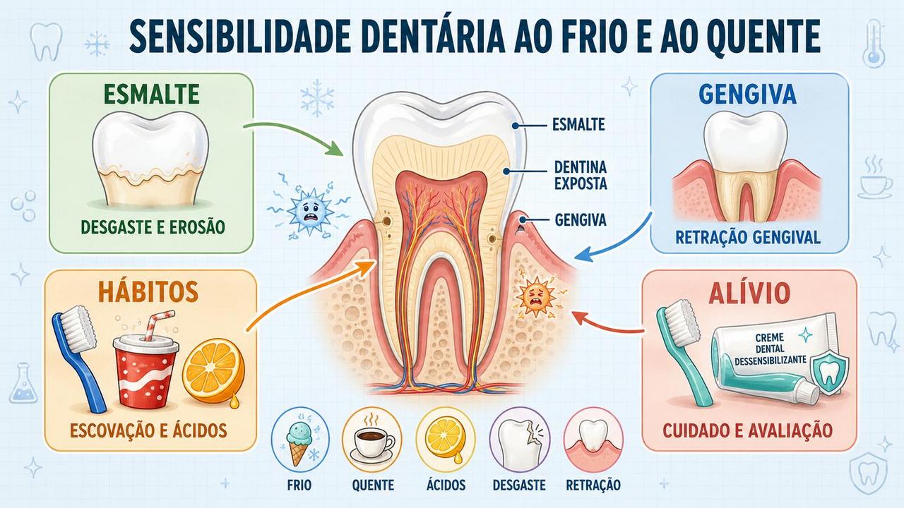Infográfico resume esmalte, gengiva, hábitos e alívio na sensibilidade dentária.
