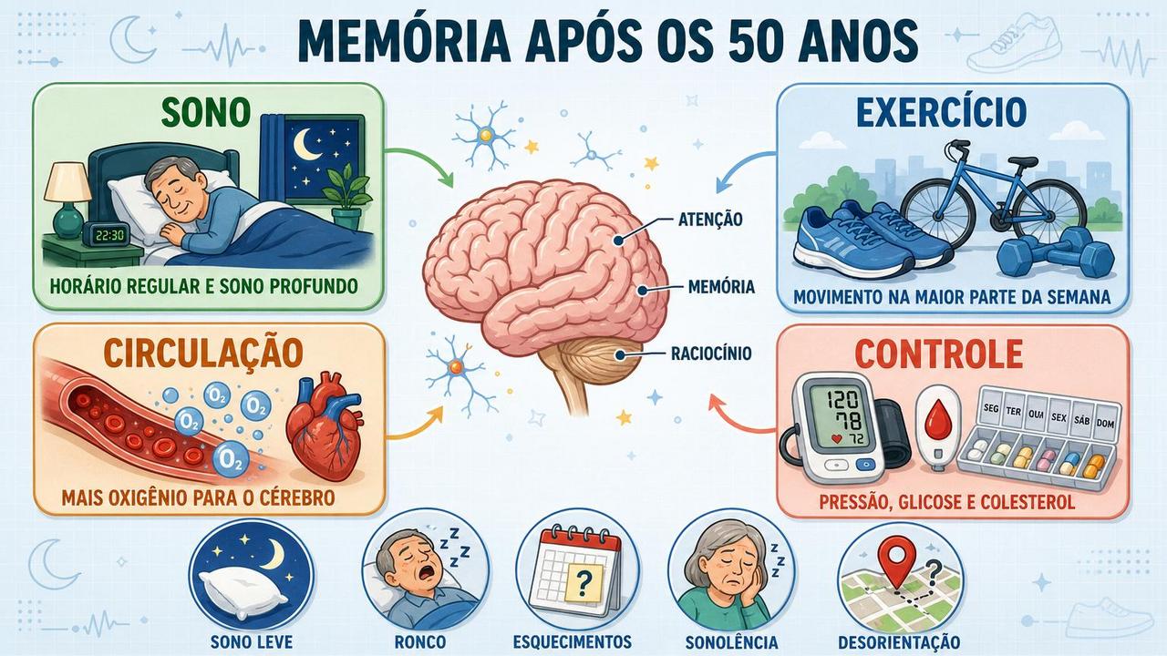 Quatro pilares da memória saudável: sono, exercício, circulação e controle metabólico.