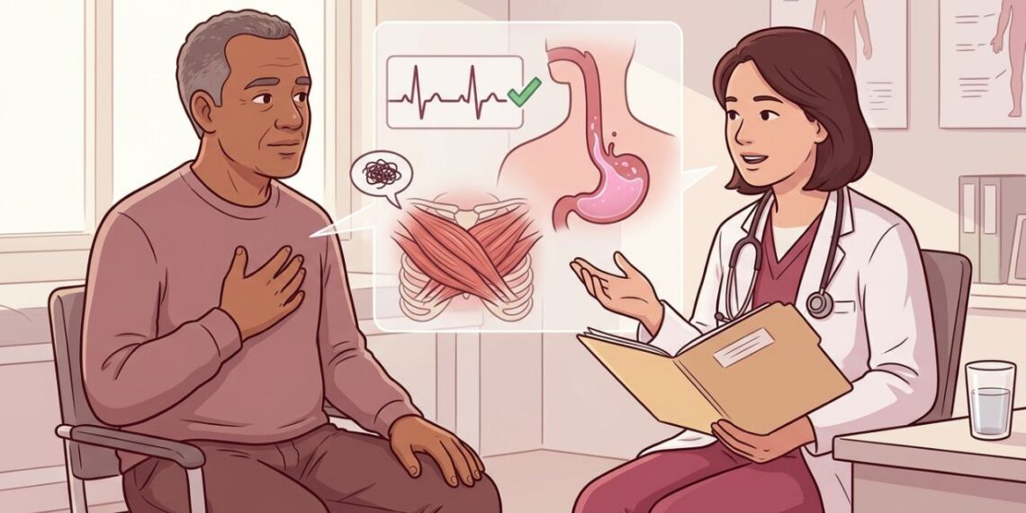 Dor no peito com exames normais nem sempre vem do coração e pode ter causas digestivas ou musculares