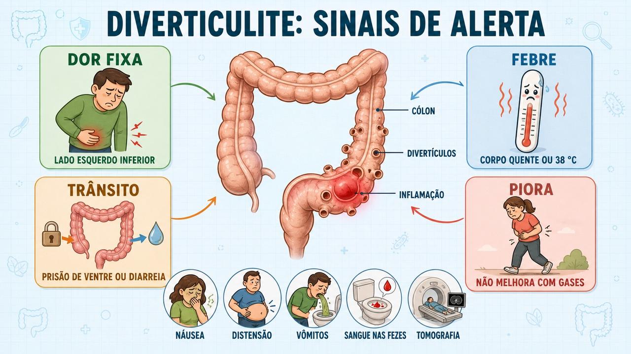 Infográfico resume sinais de alerta que ajudam a diferenciar diverticulite de cólica.