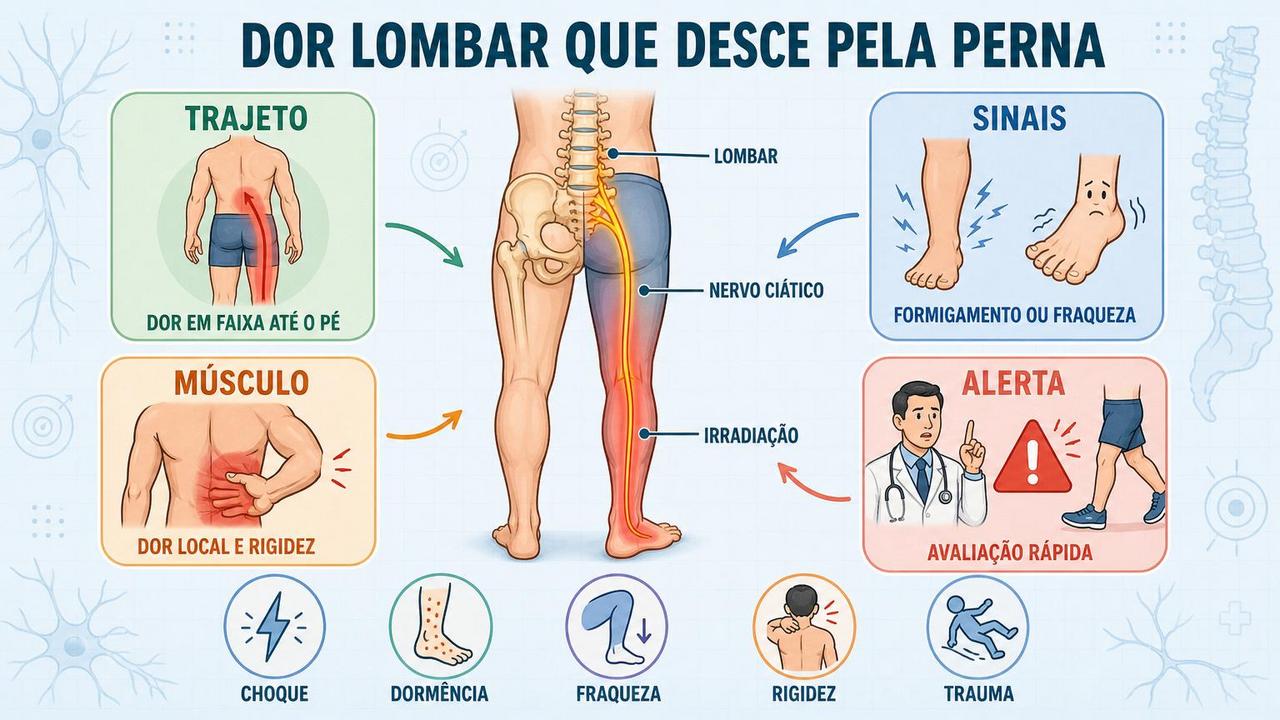 Infográfico resume sinais, trajeto, dor muscular e alertas de avaliação rápida.