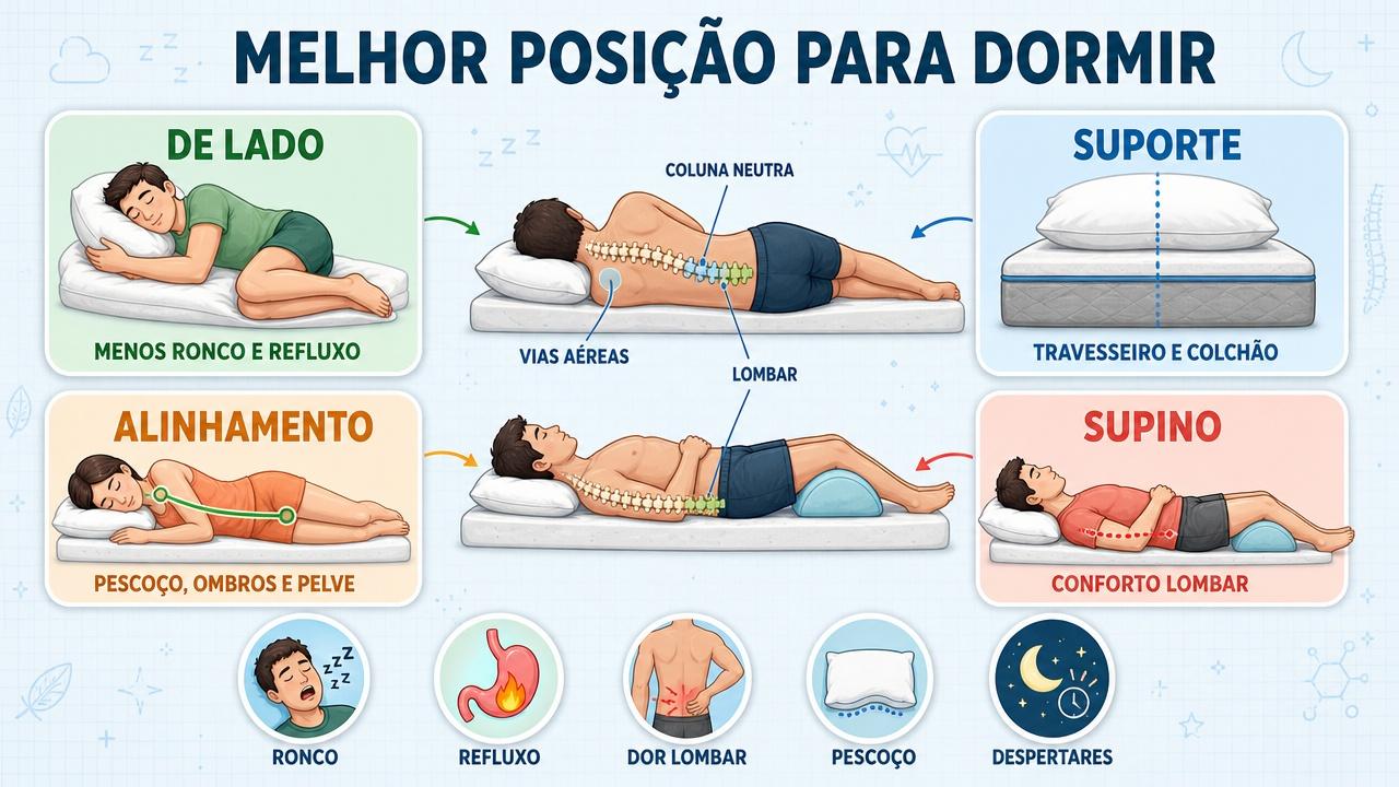 Infográfico resume alinhamento, suporte, posição lateral e conforto lombar no sono.
