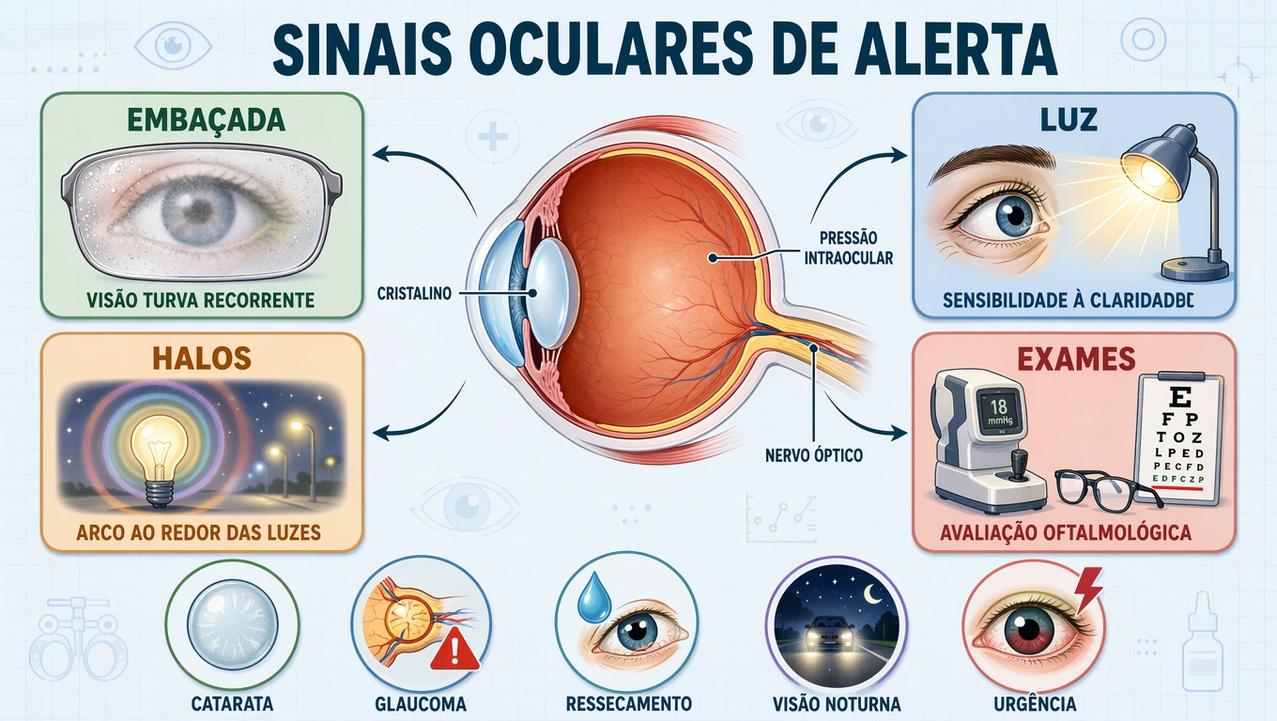 Infográfico resume sinais visuais, exames e condições ligadas à saúde ocular.