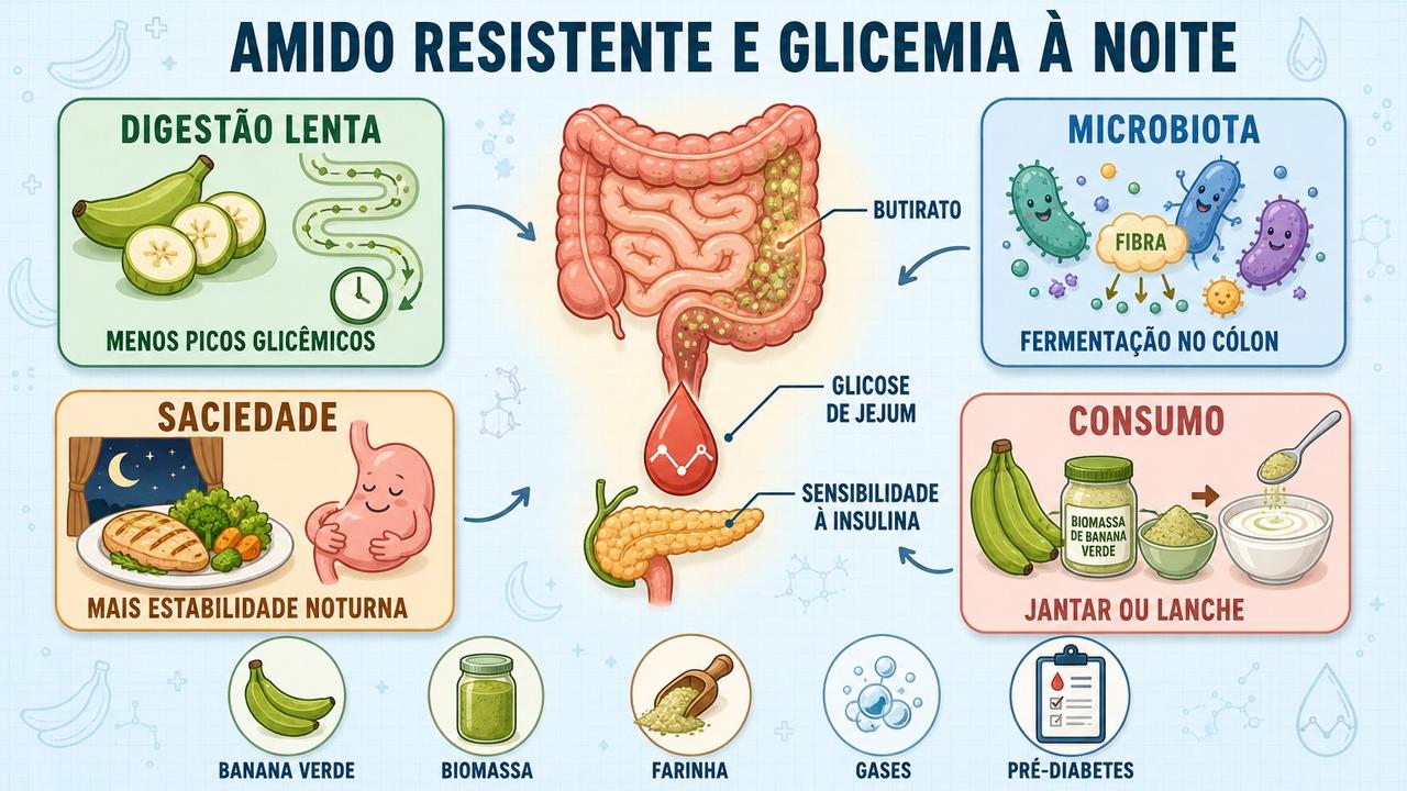 Infográfico mostra digestão lenta, microbiota, saciedade e consumo estratégico da banana verde.