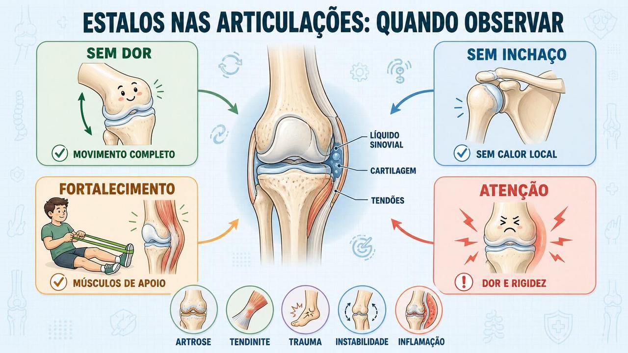 O infográfico resume sinais normais, alertas e cuidados para estalos articulares.