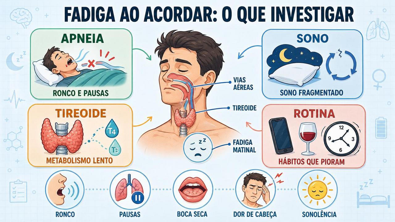 Infográfico resume apneia, sono, tireoide e rotina na fadiga matinal.