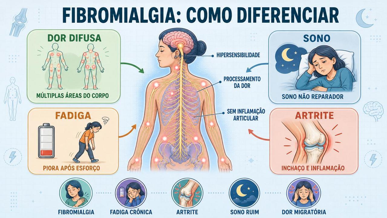 Infográfico resume sinais que diferenciam fibromialgia, fadiga crônica e artrite.