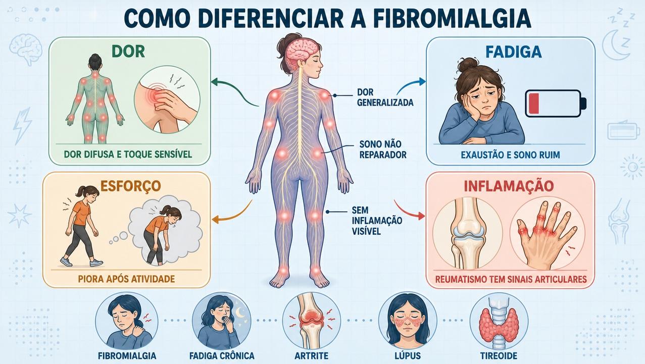 Infográfico resume diferenças entre fibromialgia, fadiga crônica e doenças reumatológicas.