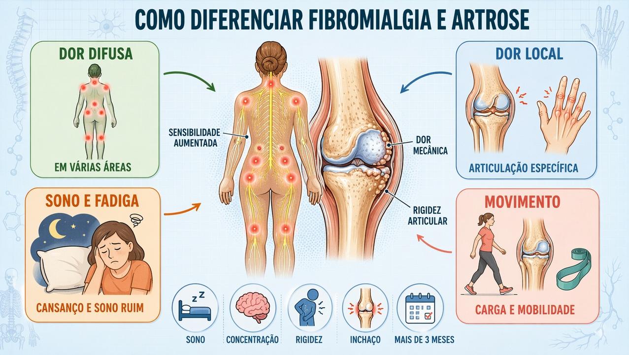Infográfico compara dor difusa, fadiga, rigidez e padrão articular localizado.