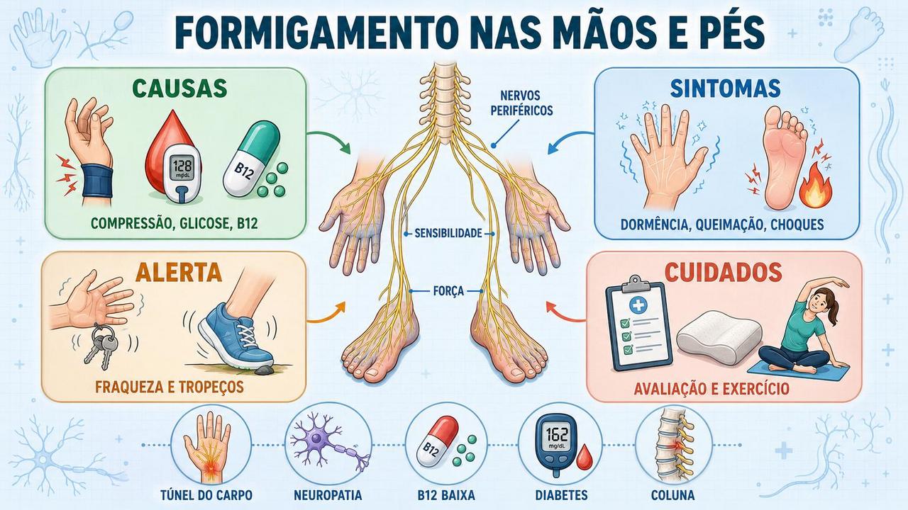 Infográfico resume causas, sintomas, alertas e cuidados para formigamento persistente.