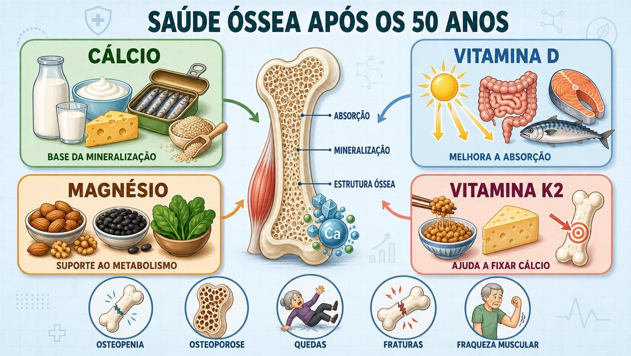 Quatro pilares da saúde óssea para melhorar absorção e mineralização.