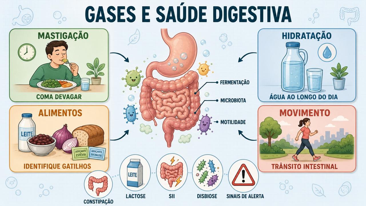 Mastigação, hidratação, gatilhos alimentares e movimento ajudam a controlar gases.