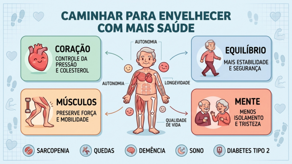 Quatro pilares mostram como a caminhada protege corpo, mente e independência.