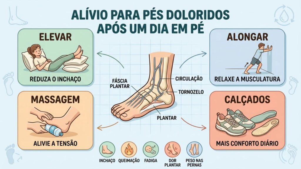 Quatro estratégias simples para aliviar e prevenir dores nos pés diariamente.